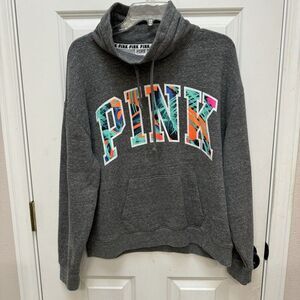 Victoria's Secret Pink Tropical Palm Cowl Neck Pullover Heather Gray Logo L